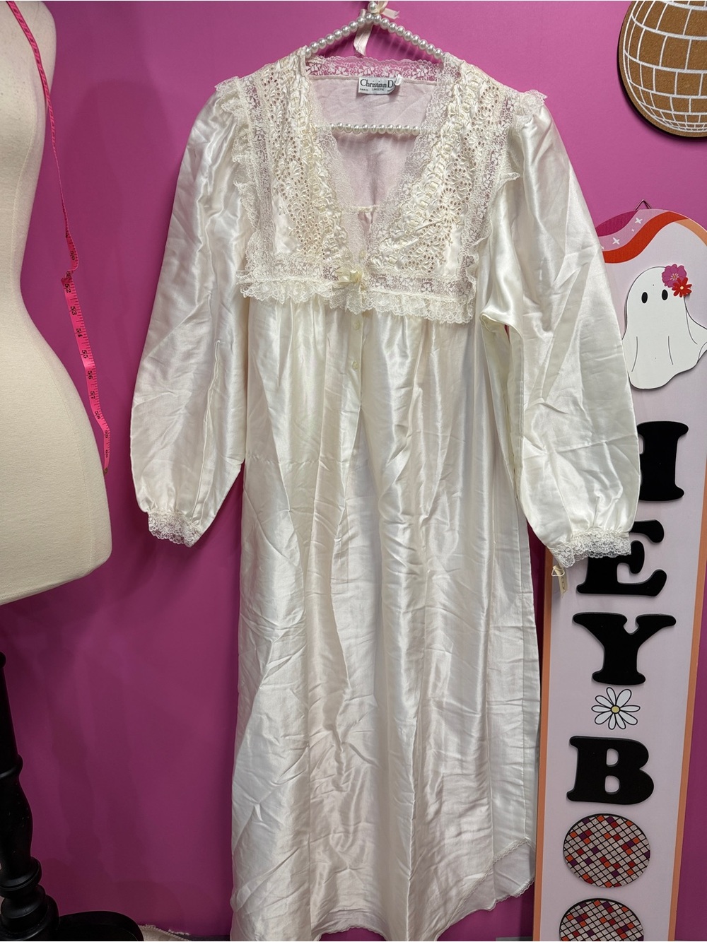 vintage Christian Dior white satin long sleeve nightgown